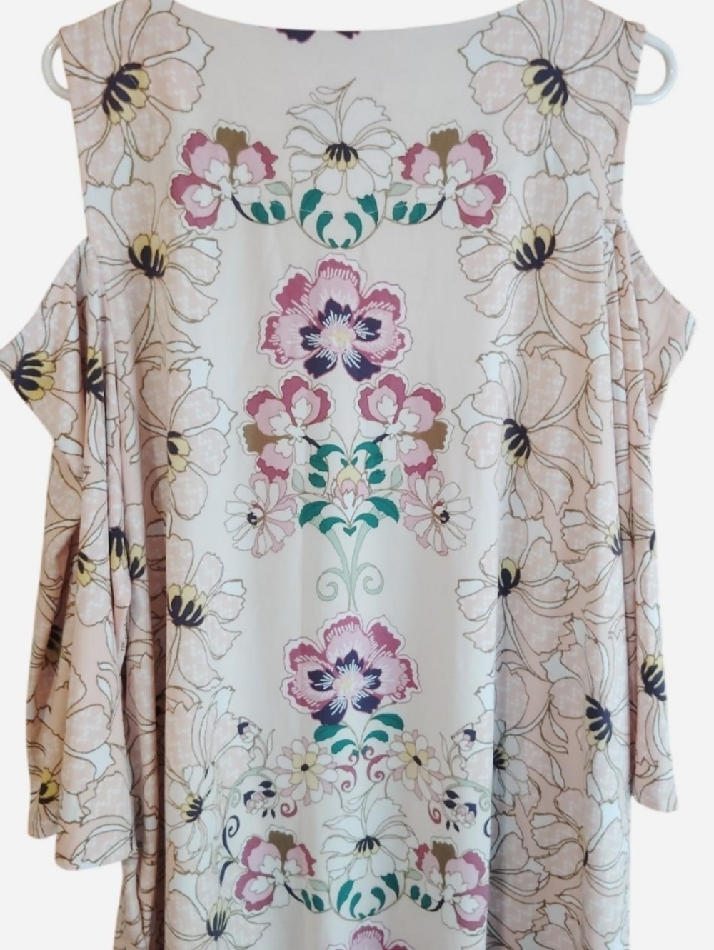 JM Collection Boho Cold-Shoulder Cream Floral Tunic Pink and Green Accents EUC - Picture 4 of 5